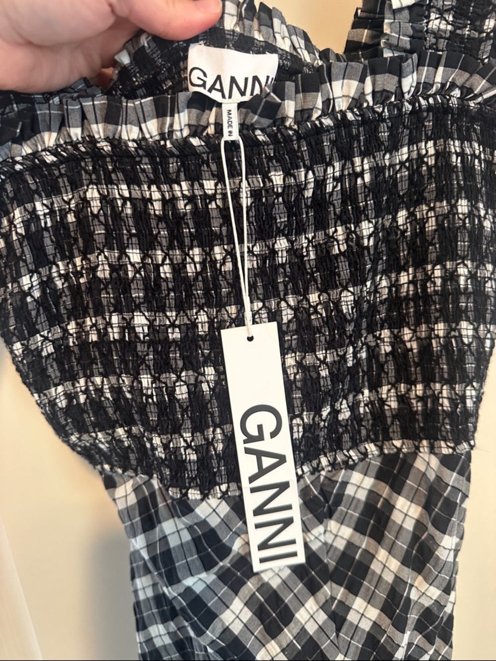 Ganni Black and White Plaid Smocked Strap Maxi Dress with Ruffle Hem - Picture 3 of 5